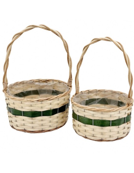 CESTAS REDONDAS DE MADERA NATURAL RAYA VERDE S/2 CON ASA S.D24H12/33 B.D.28H14/37