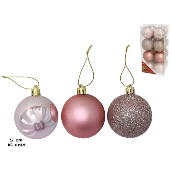 BOLA NAVIDAD X16 CAJA MOTLEY ROSA 5CM 3S