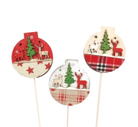 PICK BOLA DE NAVIDAD CON APLICACIONES DISEÑOS D7 H45 MADERA/TEJIDO (12UNDS)