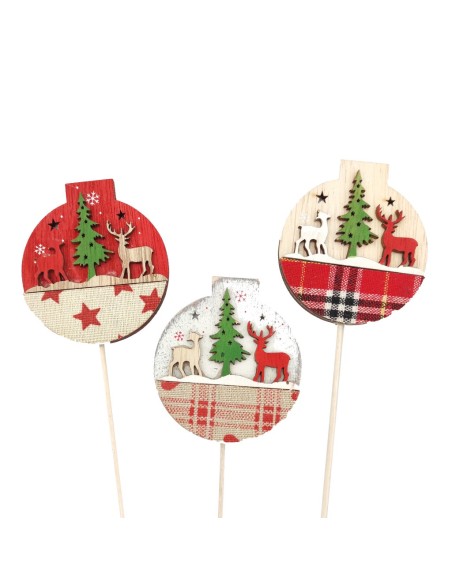 PICK BOLA DE NAVIDAD CON APLICACIONES DISEÑOS D7 H45 MADERA/TEJIDO (12UNDS)