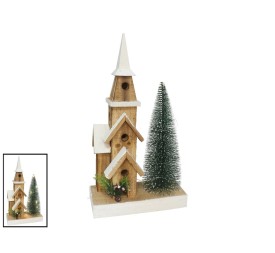 CASITA TEJADO NIEVE CON ARBOL 10 LUCES 42CM