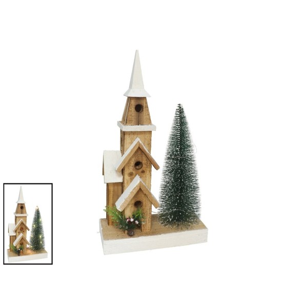 CASITA TEJADO NIEVE CON ARBOL 10 LUCES 42CM