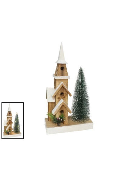 CASITA TEJADO NIEVE CON ARBOL 10 LUCES 42CM