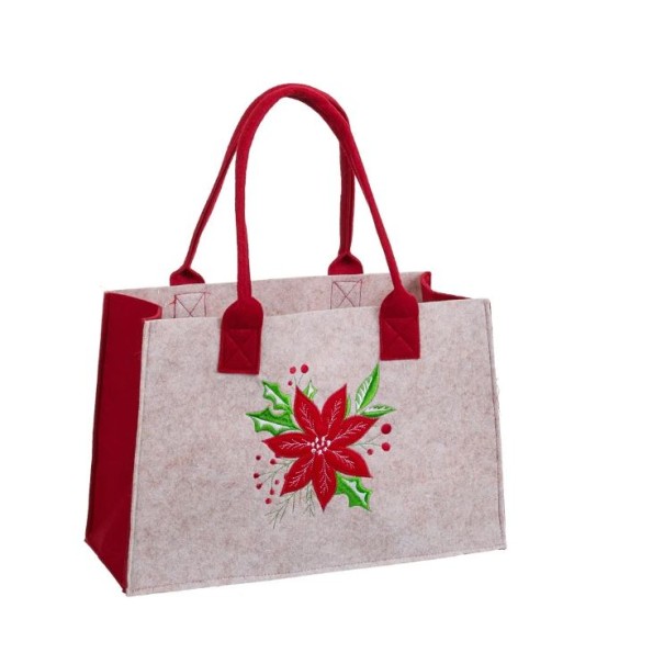 BOLSO POINSETTIA FIELTRO BEIGE-ROJO 35 X 23 X 15 CM