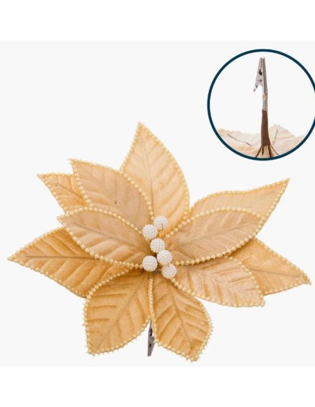 POINSETTIA CON CLIP POLIESTER ORO 29 X 29 CM