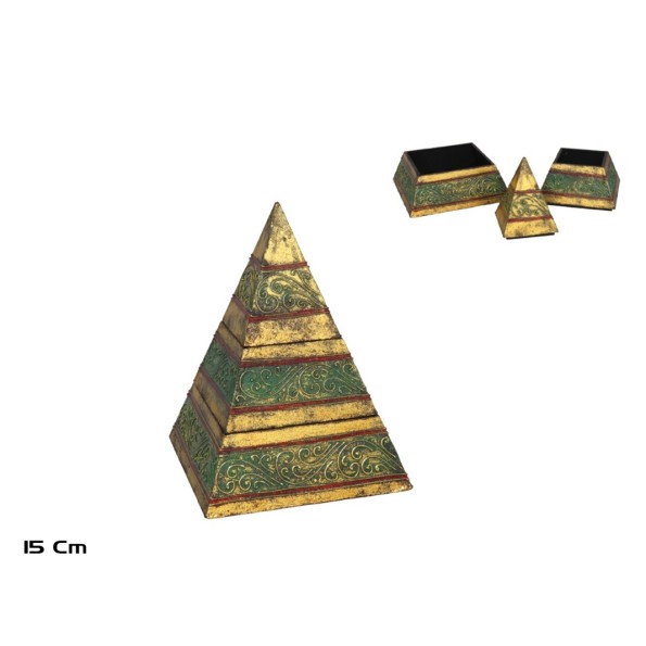 CAJA PIRAMIDE 15 CM ORO/VERDE