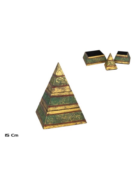CAJA PIRAMIDE 15 CM ORO/VERDE