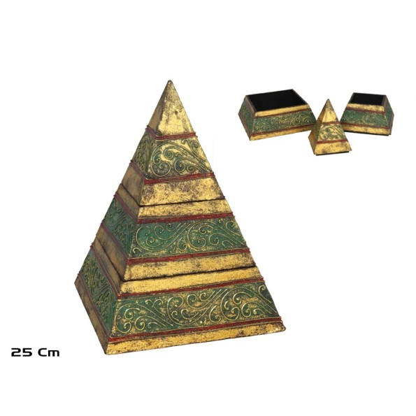 CAJA PIRAMIDE 25 CM ORO/VERDE