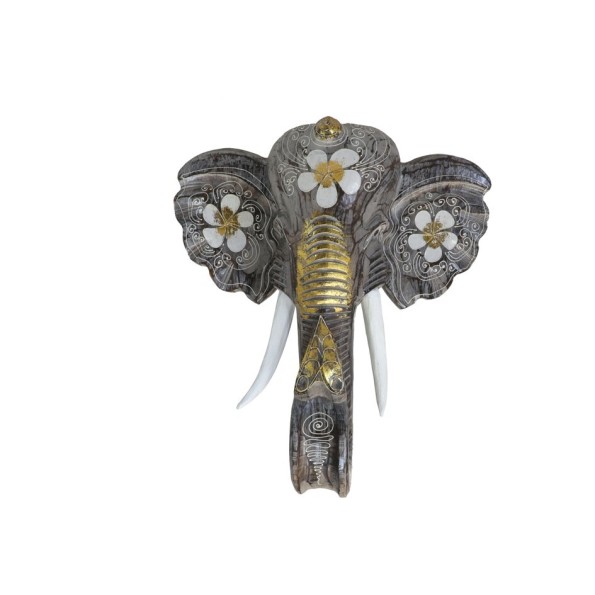 CABEZA ELEFANTE PARED 50CM GRIS/FLOR BLANCA