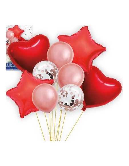 SET GLOBOS 9 PIEZAS CORAZONES ROJOS PQ.12 C/144U