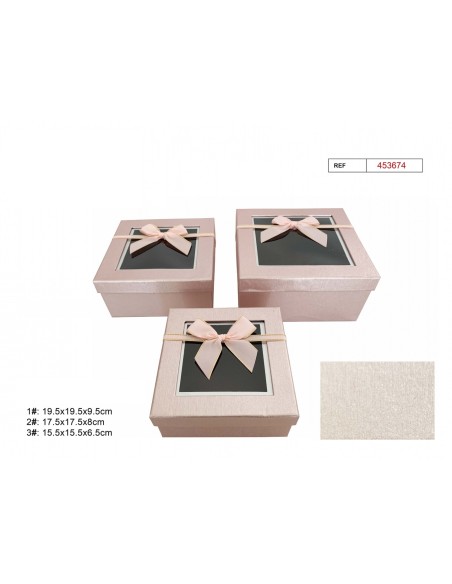 SET 3 CAJAS DE REGALO LAZO ROSA  19.5X19.5X9.5CM