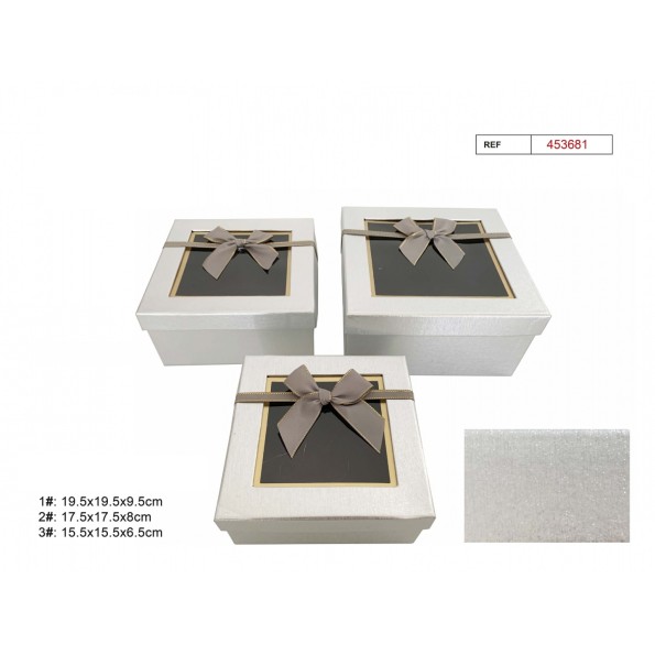 SET 3 CAJAS DE REGALO LAZO GRIS  19.5X19.5X9.5CM