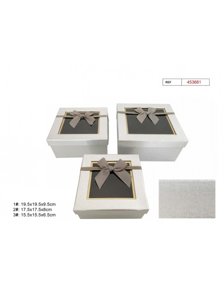 SET 3 CAJAS DE REGALO LAZO GRIS  19.5X19.5X9.5CM
