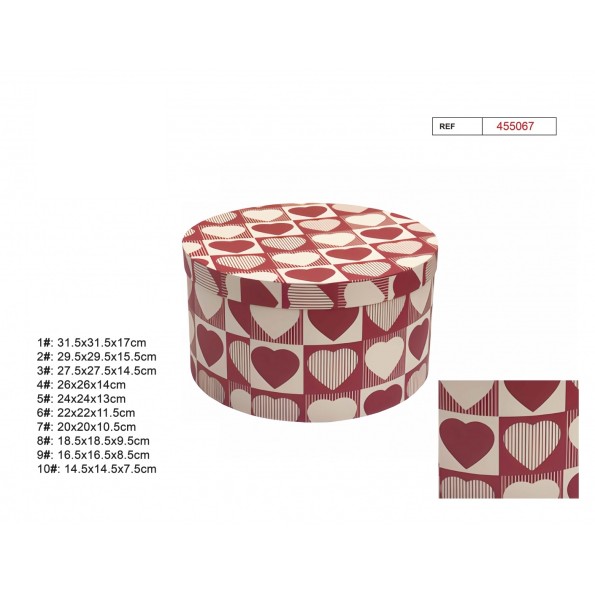 SET 10 CAJAS REGALO REDONDA CORAZONES 31.5X31.5X17CM