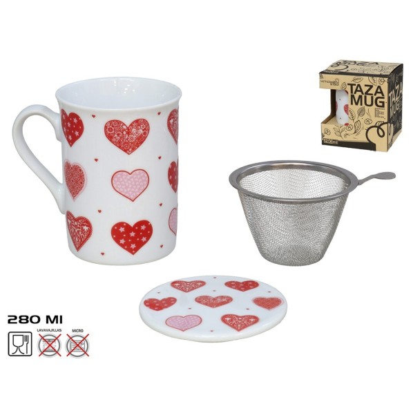 TAZA MUG HEARTS 280ML C/FILTRO Y TAPA