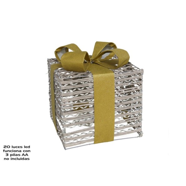 CAJA REGALO SOGA PLATA LAZO ORO 20 LED 17CM