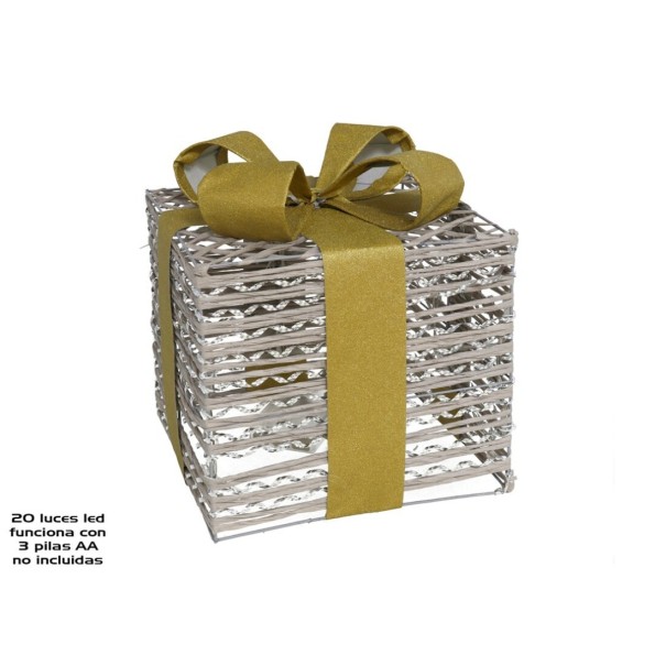 CAJA REGALO SOGA PLATA LAZO ORO 20 LED 24CM