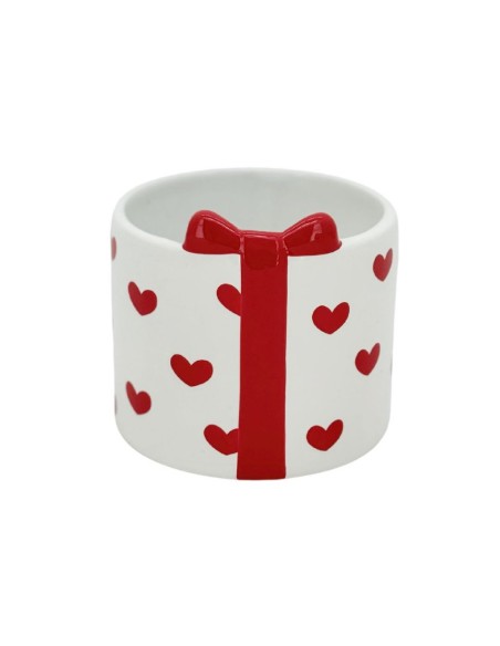 MACETERO CERÁMICA BLANCA CORAZONES ROJOS D.7H7
