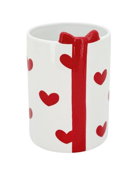 MACETERO ALTO CERÁMICA BLANCA CORAZONES ROJOS D.12H17