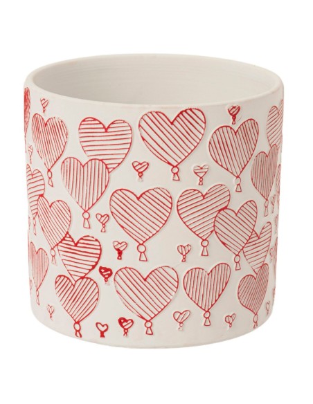 MACETERO TERRACOTA CON CORAZONES ROJOS D13.5 H12.5