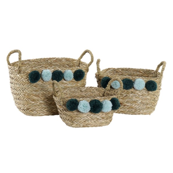 CESTA SET 3 SEAGRASS POLIESTER 30X30X37 TURQUESA