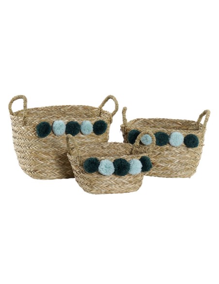 CESTA SET 3 SEAGRASS POLIESTER 30X30X37 TURQUESA