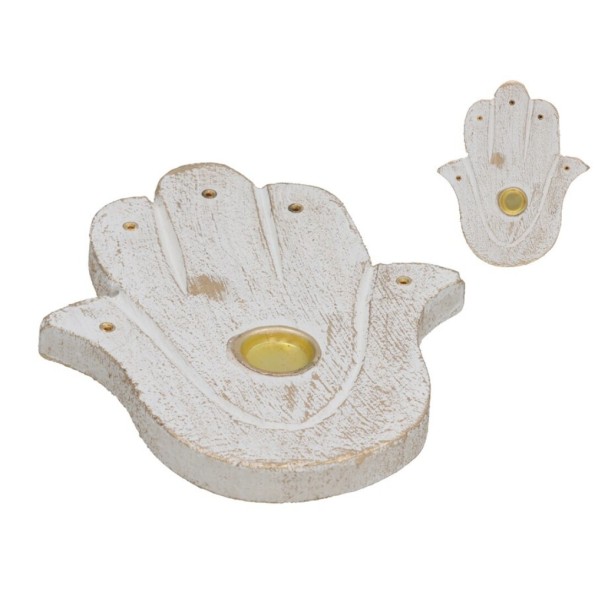 PORTA INCIENSO CONO HAMSA 13X11 CM BLANCO ORO