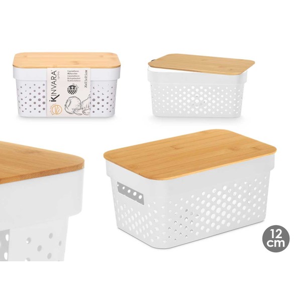 CAJA MULTIUSOS PERFORADA TAPA BAMBU PEQ BLANC 12CM