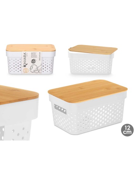 CAJA MULTIUSOS PERFORADA TAPA BAMBU PEQ BLANC 12CM