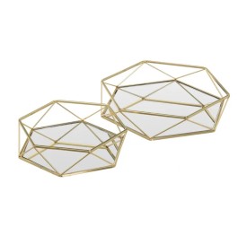 S/2 BANDEJA CRISTAL-METAL ORO 25 X 25 X 6 CM