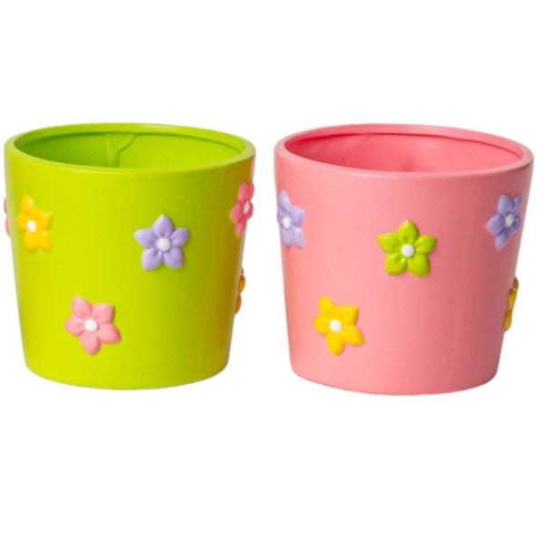 MACETERO 2 SURT  CON FLORES EN RELIEVE D13,5 H12,5 TERRACOTA