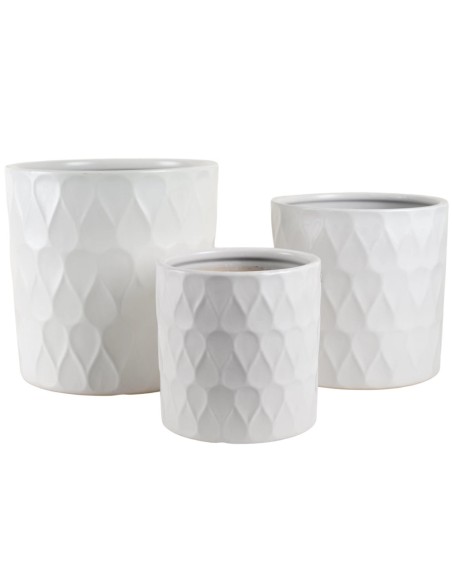 MACETERO CERAMICA S/3 BLANCO CON DISEÑO GOTA S.D.19H19 B.D.29H29