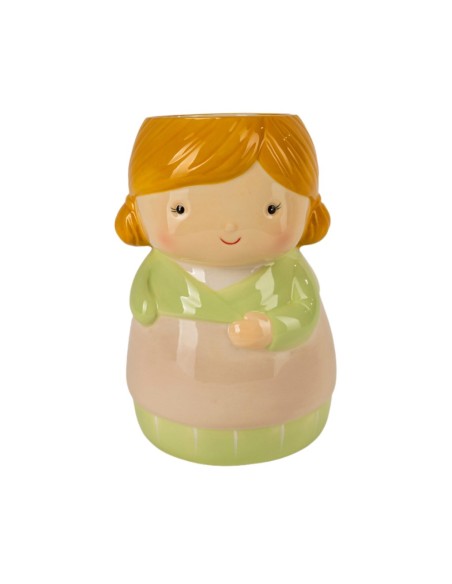 MACETERO CERÁMICA NIÑA RUBIA VESTIDO VERDE CLARO 12X11 H19.5