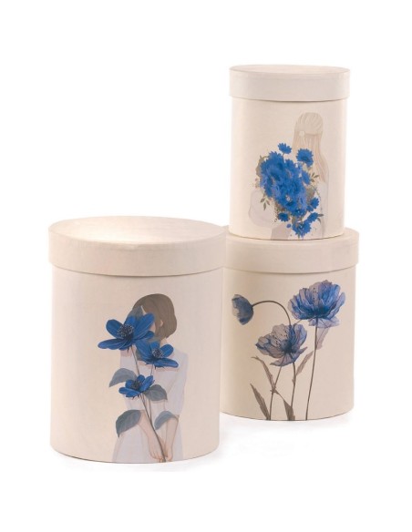 CAJA SET 3 MUJER/FLORES CREMA/AZUL PD13 H17,5-GR D18 H22