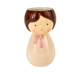 MACETERO NIÑA CERÁMICA MARRÓN VESTIDO ROSA D8 A18