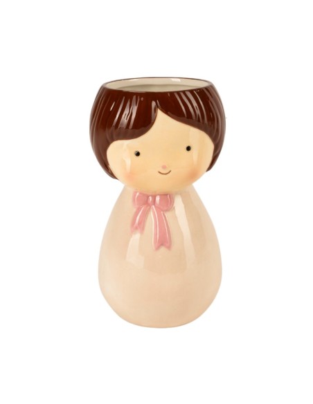 MACETERO NIÑA CERÁMICA MARRÓN VESTIDO ROSA D8 A18