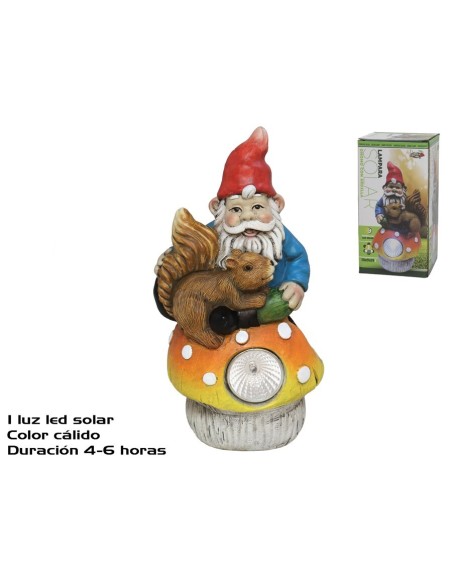GNOMO SENTADO EN SETA C/ ARDILLA SOLAR 10,2X8,8X19
