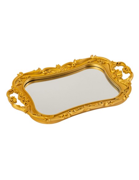 BANDEJA RECTANGULAR CON ESPEJO MARCO DORADO 37X23