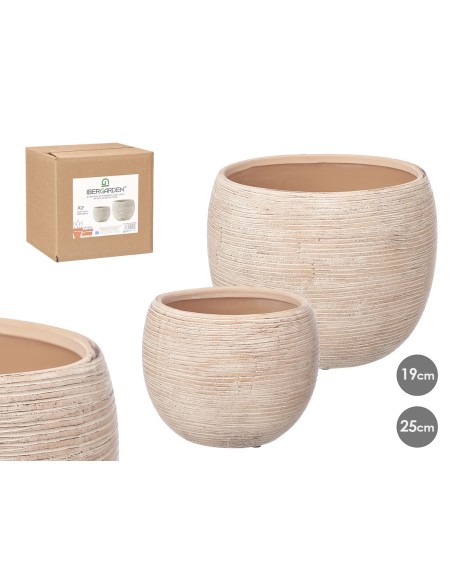 SET 2 MACETAS RAYADA BEIGE 19 25CM