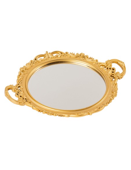 BANDEJA REDONDA DE ESPEJO CON ASAS MARCO DORADO D 31