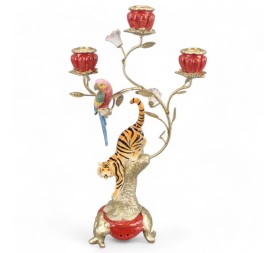CANDELABRO TIGRE DE BENGALA 3 BRAZOS BASE ROJA 26X13,5 H46 POLIRESINA