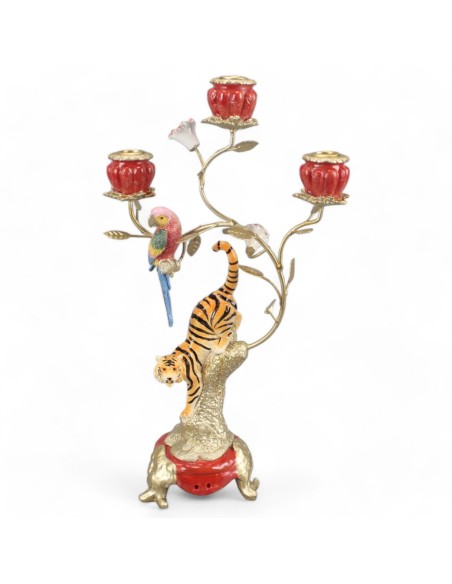 CANDELABRO TIGRE DE BENGALA 3 BRAZOS BASE ROJA 26X13,5 H46 POLIRESINA