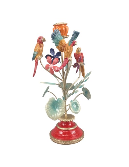 PORTAVELAS LORO Y FLORES 22X21 H38,5 POLIRESINA Y METAL