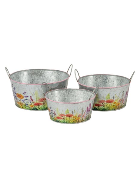 SET 3 MACETEROS METAL DISEÑO FLORAL D18 H8,5 - B D23 H11