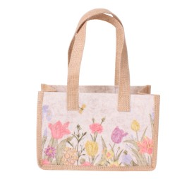 CESTA BOLSO DE YUTE Y TELA CON DISEÑOS FLORALES CON ASAS 26X11 H16