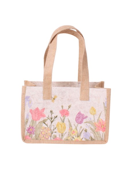 CESTA BOLSO DE YUTE Y TELA CON DISEÑOS FLORALES CON ASAS 26X11 H16