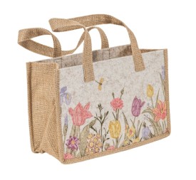 CESTA BOLSO DE YUTE Y TELA CON DISEÑOS FLORALES CON ASAS 30X13 H19
