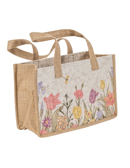 CESTA BOLSO DE YUTE Y TELA CON DISEÑOS FLORALES CON ASAS 30X13 H19