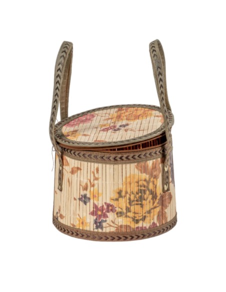 CESTA REDONDA CON TAPA BAMBU FLORAL D.18.5 H14.5
