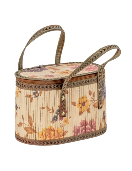CESTA OVALADA CON ASA BAMBU FLORAL 25X15.5H16.5